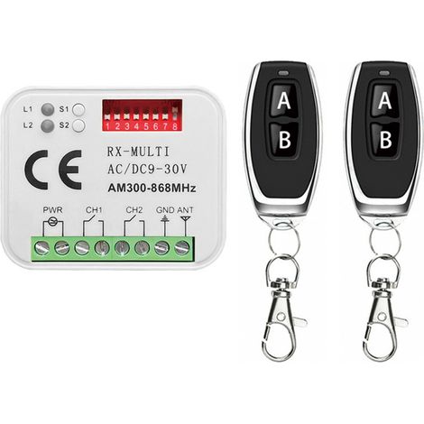 Récepteur radio universel pour porte de garage automatique 2 canaux code fixe et tournant 9/30V 300-868MHz Livré avec 2 télécommandes universelles AC/DC (1/4)