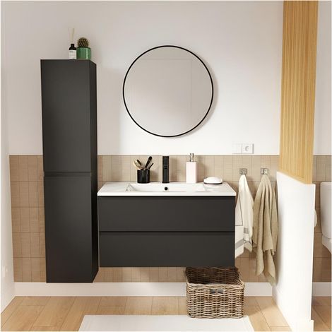 80 cm breiter Waschtisch mit Keramikplatte, Armatur, Spiegel SORRENTO