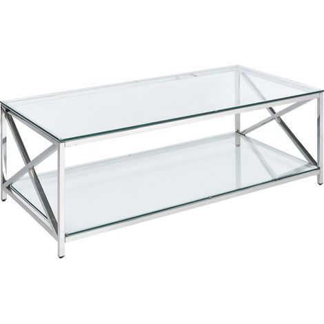 Mesa de centro de vidrio templado transparente plateado 120 x 60 cm acero inoxidable Audet
