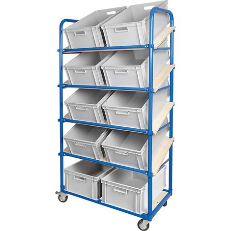 BRB Schrägboden-Regalwagen mit 5 Ebenen, 4 Lenkrollen, bestückt mit 10 Euroboxen 600x400x220 mm grau (1/3)