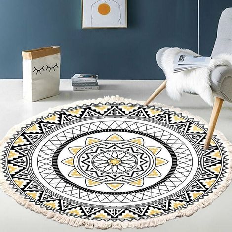 Déstockage Tapis de salon Tapis rond en coton tissé à la main - Motif mandala - Style bohème vintage - Avec frange - Lavable en machine - Pour chambre, entrée, salon, table basse - 120 cm (1/3)