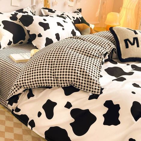 Copertina per il letto in cotone 100% lavabile con acqua - Set di 4 pezzi (copripiumone 180 x 220 cm + 2 federe + coprimaterasso) - Design bovino trendy, ideale per camera studente, dormitorio o appar