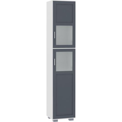 Armoire de salle de bain haute, colonne de salle de bain avec 2 portes en verre trempé et étagères réglables, 37 x 35 x 190 cm, blanc et gris