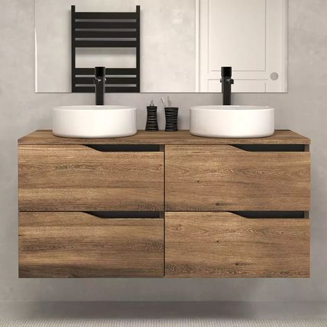 Meuble de salle de bain 120 avec plateau et 2 vasques à poser - sans miroir - 4 tiroirs - tabaco (bois foncé) - LUNA (1/5)
