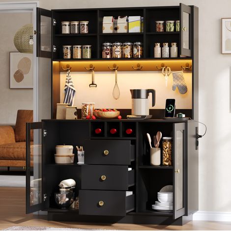 Mobile alto da cucina 120/40/170 cm nero, con LED RGB, prese e 3 cassetti (1/5)