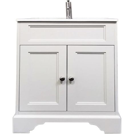 Meuble salle de bain à poser 80 cm blanc mat avec vasque lavabo et plan céramique, meuble sous vasque spacieux avec rangement moderne et fonctionnel (1/4)