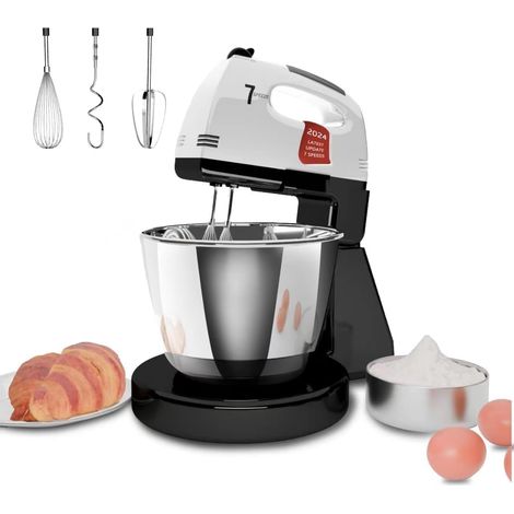Batteurs sur socle, 7 vitesses avec bol en acier inoxydable 3QT, batteur sur socle et à main avec crochet pétrisseur, fouet, batteur mélangeur pour la cuisson (Gris FG1) (1/5)