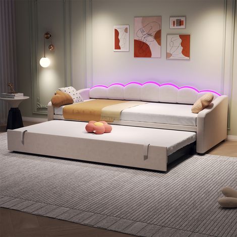 90x190cm Upholstered Daybed with RGB LED,Pull-Out Trundle-Velvet Beige,Ideal for Living/Bedroom/Study (1/5)