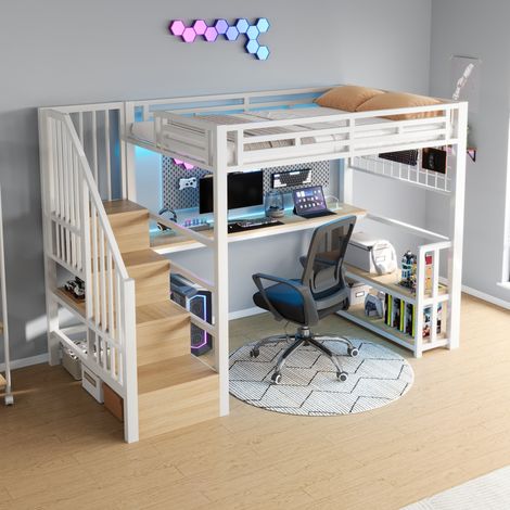 Lit mezzanine 90x200 cm métal blanc avec bureau, rangement, gain de place, sans matelas – MEUBLIV (1/5)