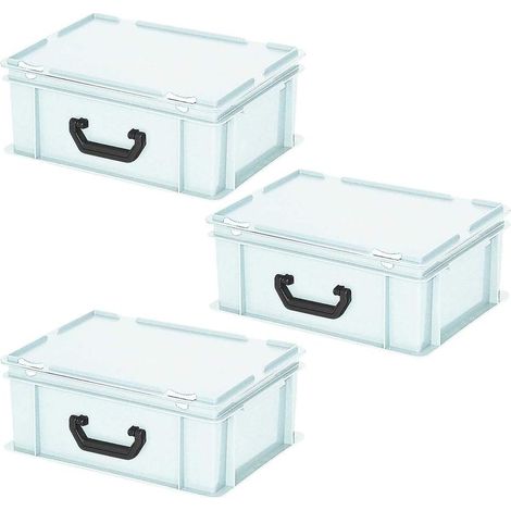 BRB 3 valises en plastique au format européen, 400 x 300 x 180 mm, blanc, 1 poignée de transport sur un côté longitudinal
