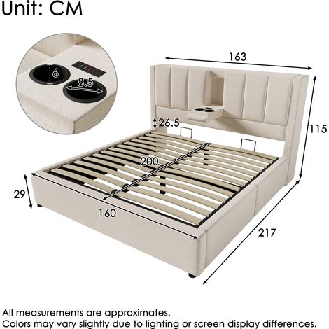 Lit double 160x200 cm beige lin avec sommier à lattes intégré, station de charge et porte-gobelet dissimulé, coffre de rangement sous le lit hydraulique, sans matelas