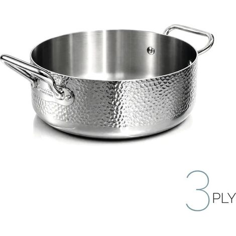 AGNELLI Casseruola Bassa Martellato Aluinox 3 Ply 24x9,5 Cm con 2 Maniglie in Acciaio Inox