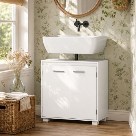 Meuble sous vasque moderne, armoire de salle de bain autoportante avec évidement en U, étagère réglable, blanc (1/5)