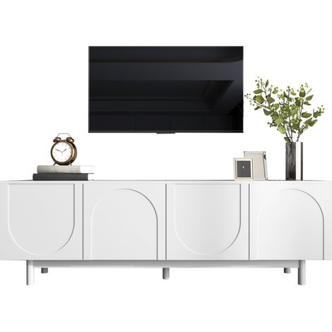 Meuble TV blanc 175 cm avec 4 portes push-to-open, étagères réglables et grand rangement, lowboard moderne pour salon, design épuré minimaliste CHICFURN (1/5)