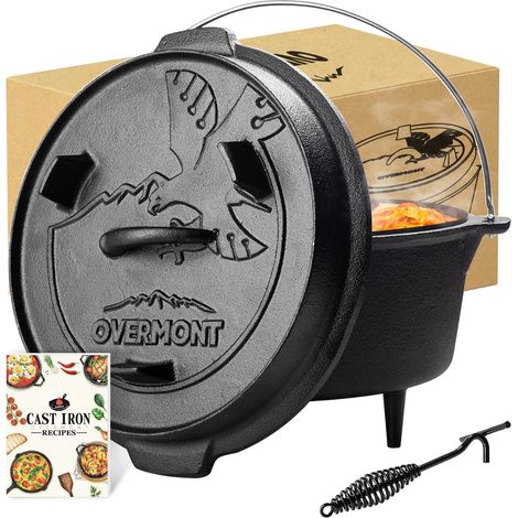 Overmont Forno Olandese in Ghisa - Pre-Stagionato Casseruola in Ghisa - Dutch Oven con Sollevatore Coperchio - Pentola per BBQ Campeggio Cucina - 4.2L Ø 24CM (1/5)