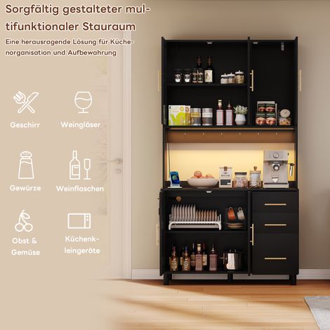 Buffet de salle à manger 183 cm, vaisselier lumineux LED pilotable via application, 2 ports USB + 2 prises, étagères ajustables, 3 tiroirs, poignées dorées en métal, parfait pour cuisine et salle à ma
