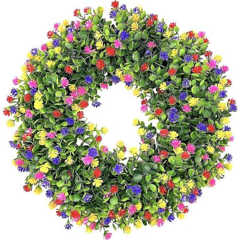 Couronne de fleurs artificielles réutilisable (28 cm, multicolore) - Guirlande d'eucalyptus artificiel - Fausse verdure - Couronne de fleurs colorées (1/5)