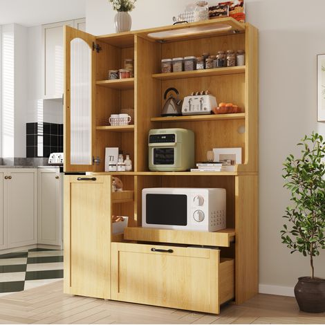 Credenza alta naturale con ripiani regolabili, cassetto e ante in vetro scanalato, 98x40x177 cm (1/5)