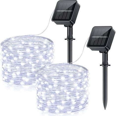 2 pièces guirlande lumineuse solaire, 15 m 150 LED étanche, 8 modes, blanc froid, pour jardin et décoration extérieure