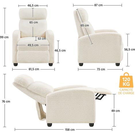 Yaheetech – Fauteuil relax en tissu bouclette ivoire – Dossier réglable jusqu'à 160° – Repose-pied – Capacité 120 kg – Dimensions 61,5x87x99 cm