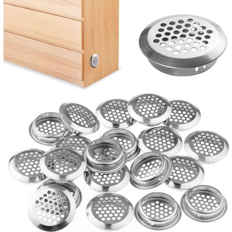 20 rejillas de ventilación de acero inoxidable, rejillas de ventilación redondas con lamas de 35 mm para armarios, zapateros y roperos (plateadas) (1/5)