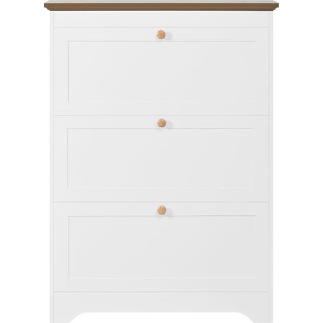 Zapatero con 3 puertas abatibles en MDF blanco con tiradores redondos de madera (1/5)