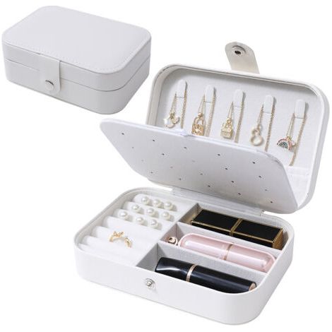 Boîte à bijoux - Boîte à bijoux de voyage portable, petit organisateur de bijoux à deux niveaux, boîte de rangement en cuir PU pour bagues, colliers, boucles d'oreilles(Blanc) (1/5)