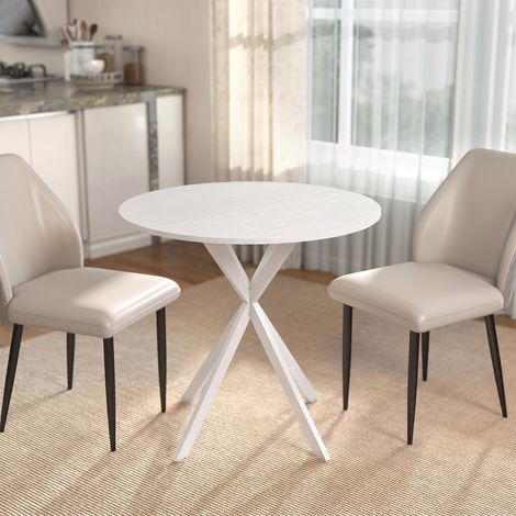 Table à Manger Ronde pour 2 Personnes avec Plateau Aspect Bois et Piètement Croisé en Acier, Blanc (1/5)