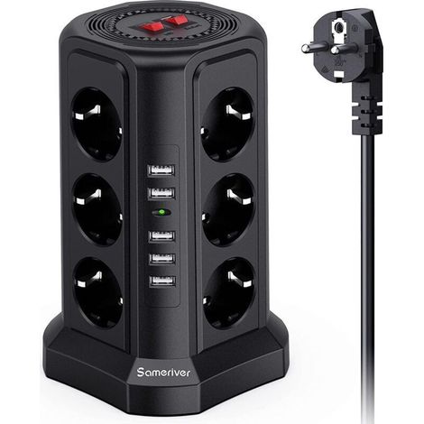 Surge protector power strip tower, Electrical Power Strip - Electrical Power Strip with 5 USB Ports and 12 Outlets, 3 Switches - Black Colour. (1/4)
