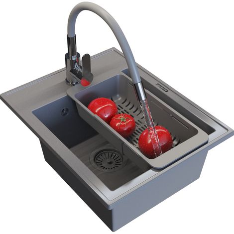 Évier en granit encastrable NERO Gris 1 bac avec siphon, égouttoir télescopique, robinet GRADO et produit d'entretien (1/5)