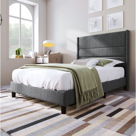 Lit capitonné 90x200 cm en tissu lin gris foncé avec tête de lit et sommier à lattes (1/5)