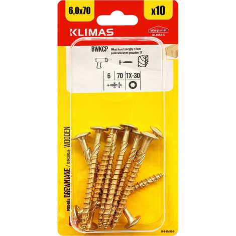 Vis Charpente Bois Klimas, 6 x 70 mm, Empreinte Torx, Tête Disque, Blister 10 Pièces (1/5)