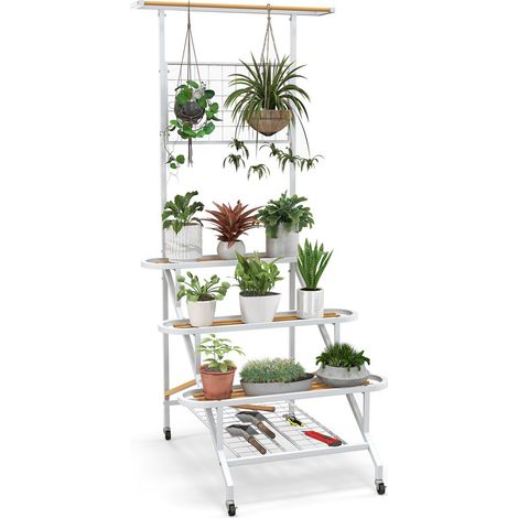 4-Tier Hanging Plant Stand Ladder Shelf W/Hanging Bar & Trellis Plant Holder (1/5)