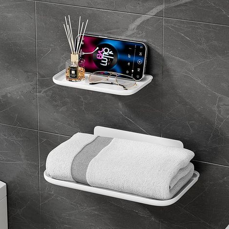Mensola pieghevole in 2 pezzi, ripiano portaoggetti, accessori per il bagno, 2 misure, montaggio a parete senza foratura, materiale PP, bianco (1/5)