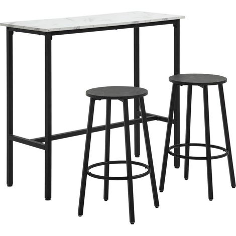 Ensemble bar pour 2 personnes, 1 table avec 2 tabourets de bar, plateau aspect marbre blanc, structure en acier (1/5)