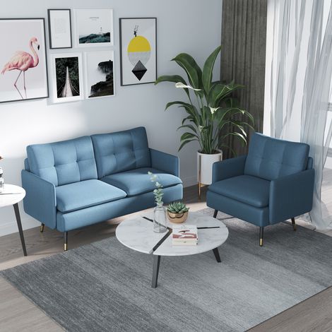 Fauteuil moderne pour salon et chambre, assise rembourrée et revêtement en tissu effet lin, 72 x 70 x 80 cm, bleu (1/5)