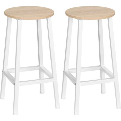 Lot de 2 Tabourets de Bar 65 cm pour Îlot Central et Cuisine Assise Bois Structure Acier Blanc avec Repose-Pieds (1/5)