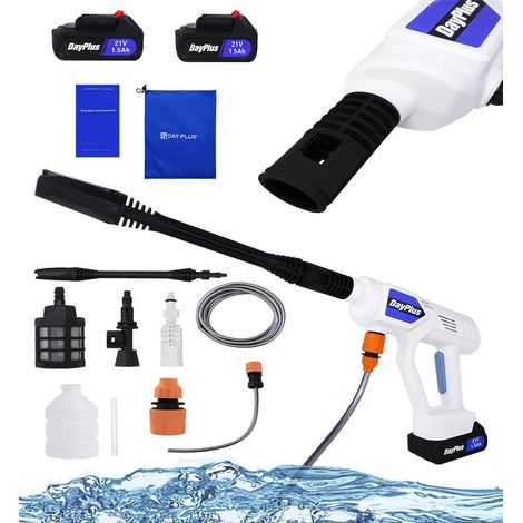 Laveuse haute pression sans fil 21V, pression de 45 bars, équipée de 2 batteries et chargeurs de 1,5 Ah, laveuse haute pression portable mobile, avec 2 buses et kit de tuyaux, adaptée au lavage de voi