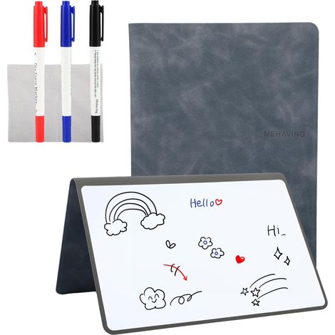 A5 mini Tableau blanc effaçable,Tableau blanc petit tableau noir pliable, avec 3 marqueurs colorés,Avec couverture PU et chiffon. Grisé (1/5)