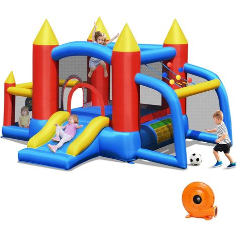 COSTWAY Hüpfburg + 450W Geblaese Springburg Hüpfschloss Outdoor Bouncer mit Rutsche, 60 Ozeanbaelle, Fussballtor, 2 Dartpfeile, Tragetasche, Pfaehle, Reparaturpaket 350x275x196cm (1/5)