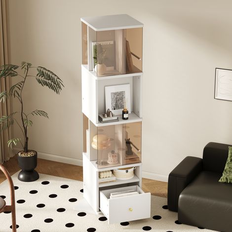 Vitrine tournante 50x50x160cm, verre trempé marron, panneaux MDF mélamine, plateau rotatif, tiroirs coulissants, poignées dorées, blanc et brun. (1/5)