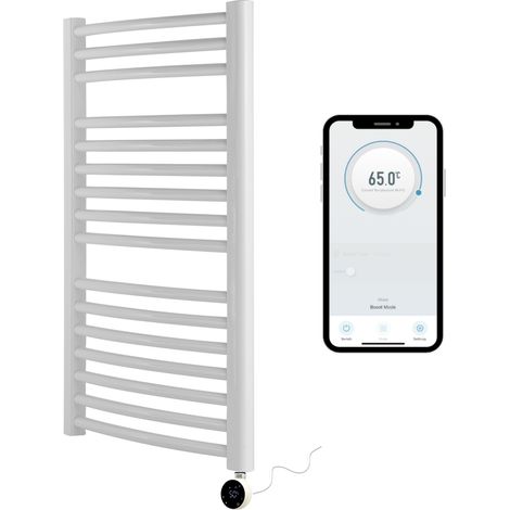 White  Electric Smart WiFi Controlled Heated Towel Rail 500mm W x 800mm H Curved  7 Day Programmable Timer App Compatibility White  Element