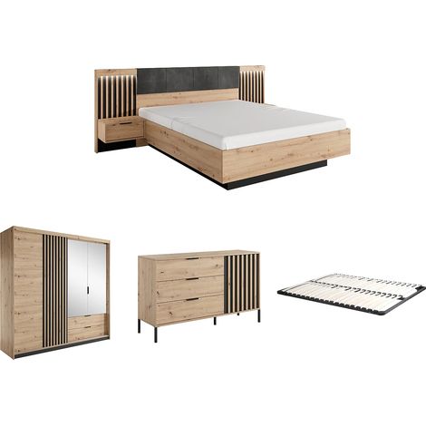 Vente-Unique – Ensemble chambre complète 160 x 200 cm – Lit avec chevets, sommier, commode et armoire – Panneau de particule mélaminé – Coloris naturel et noir