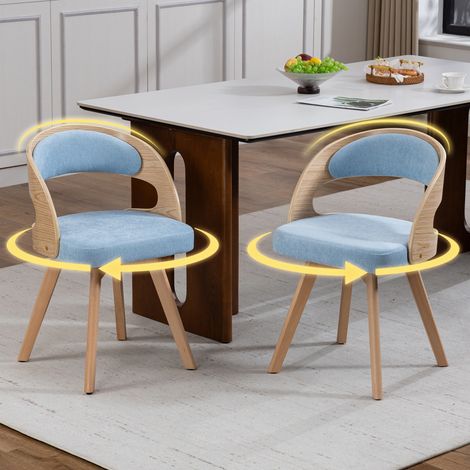 Set 2 sedie da pranzo girevoli a 360°, stile scandinavo, poltroncine in legno con cuscino in cotone-lino e schienale curvo, per cucina, caffetteria e soggiorno - Blu