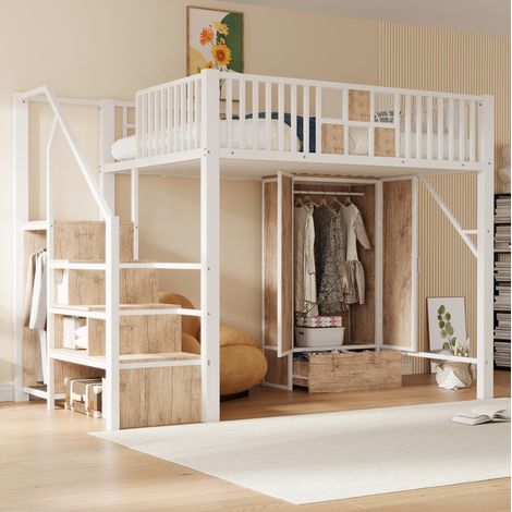 Letto a soppalco 140x200 cm bianco in metallo e legno, armadio e cassetti (1/5)