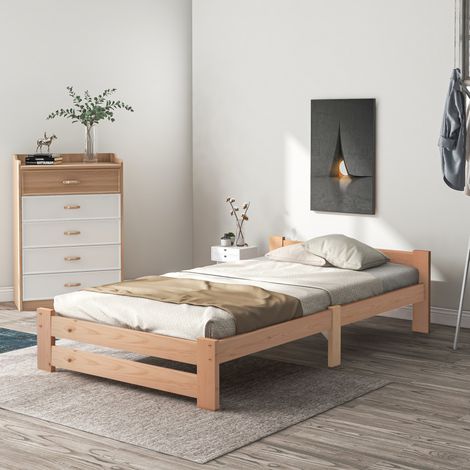 Cama de madera maciza de pino natural 90x200 cm con cabecero y base integrada (1/5)