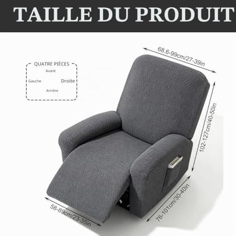 Lot de 4 Housses de Fauteuil Relax Tout Compris - Couleur Unie Gris Foncé - Pour Fauteuil TV et Fauteuil Extensible - Protège-Accoudoirs avec Poche de Rangement (1/4)