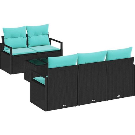 Sofa Set mit Kissen 6 pcs Schwarz und Türkis Poly Rattan vidaXL