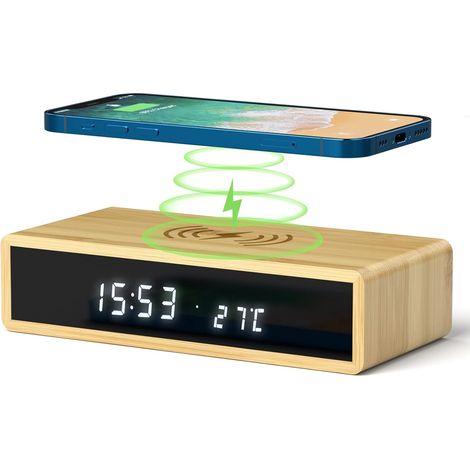 Réveil Numérique - Bambou FSC - Charge Sans Fil - Affichage LED Réglable - Température Date - 12/24 H - Snooze - 1 Pièce (1/5)