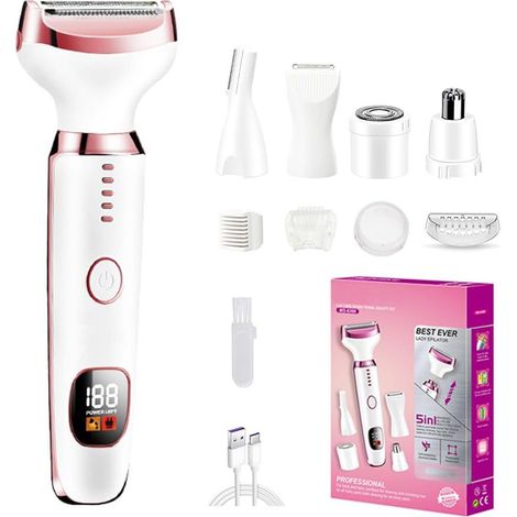 Elektrischer Epilierer für Frauen, 5-in-1 Intimrasierer für Frauen, kabelloser elektrischer Bikinitrimmer mit LED-Akkustandsanzeige, für Augenbrauen, Gesicht, Arme, Beine, Achseln, Nase und Bikinizone